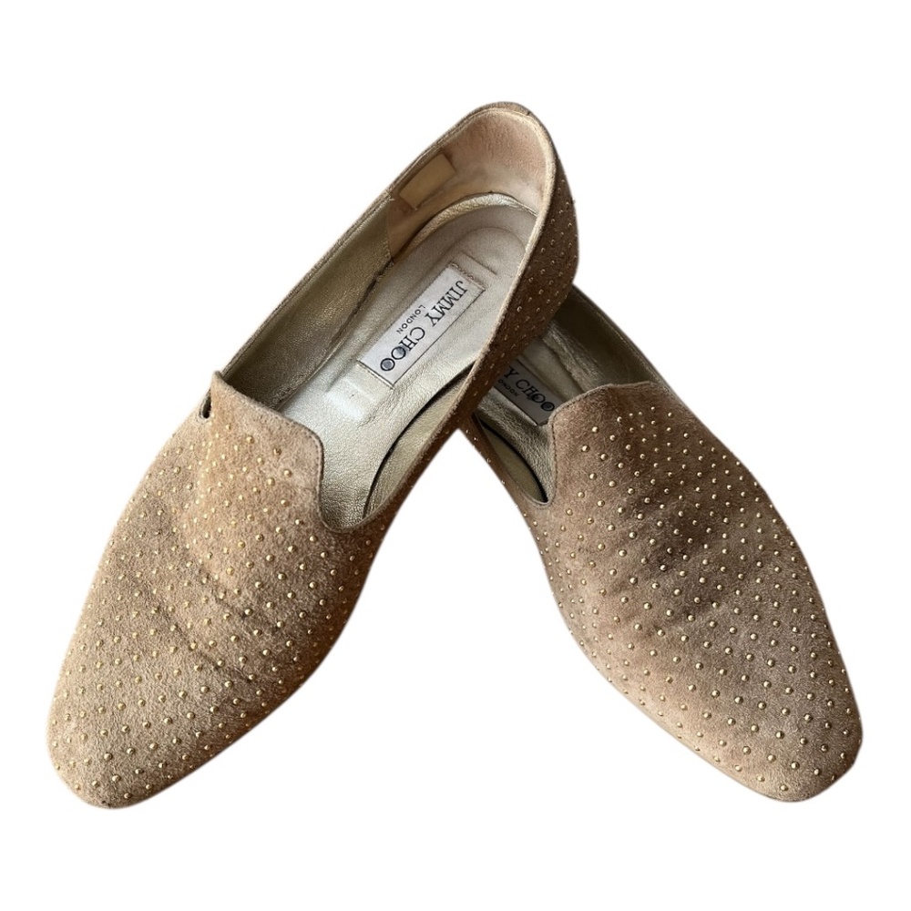 Jimmy Choo Tan Suede Studded Flats